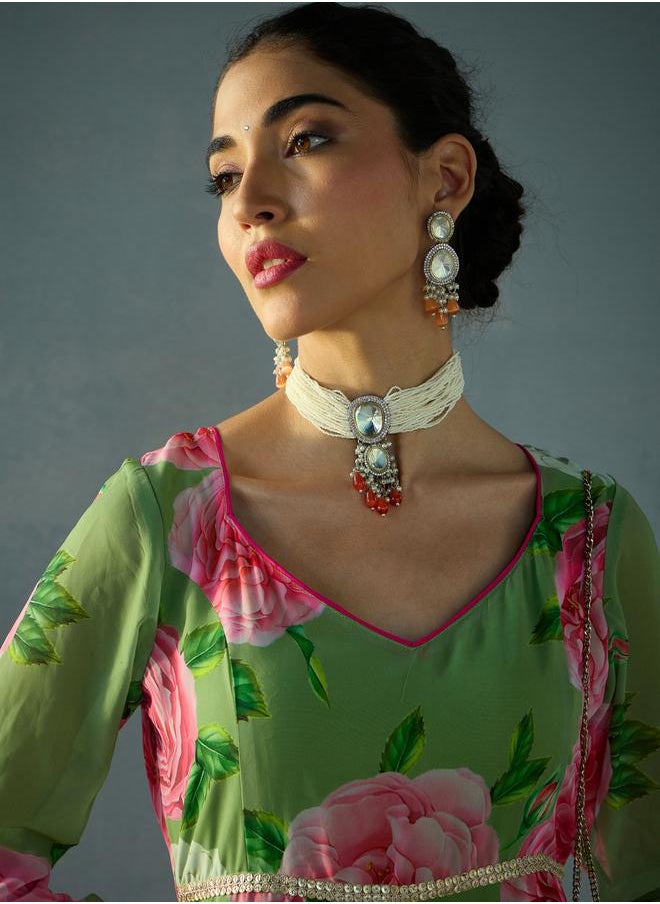 SASSAFRAS - Green Floral Sweetheart Neck Anarkali Kurta by Styli - Image 1