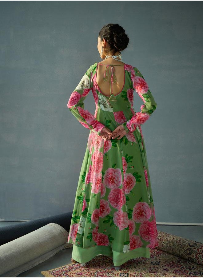 SASSAFRAS - Green Floral Sweetheart Neck Anarkali Kurta by Styli - Image 1