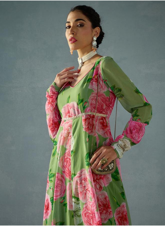 SASSAFRAS - Green Floral Sweetheart Neck Anarkali Kurta by Styli - Image 1