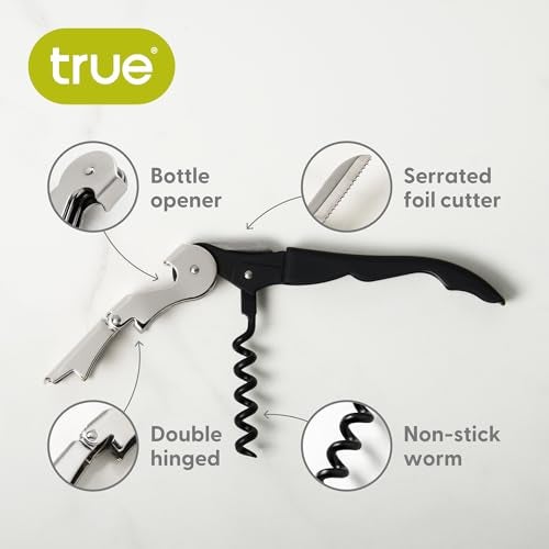 True Truetap Double Hinged Waiter's Corkscrew Wine Opener, Stainless Steel Wine Bottle Opener with Foil Cutter, Home Bar Tools, Bar Cart Accessories, Wedding Gifts, Set of 1, Black - Image 2