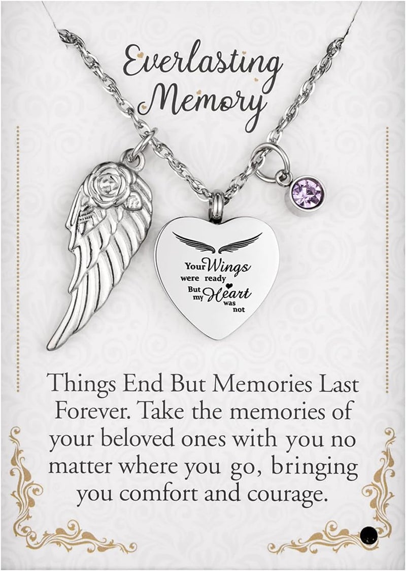 Dletay Heart Urn Necklace for Ashes with 12 Birthstones Cremation Jewelry for Ashes -Your Wings Were Ready My Heart Was Not - Image 1