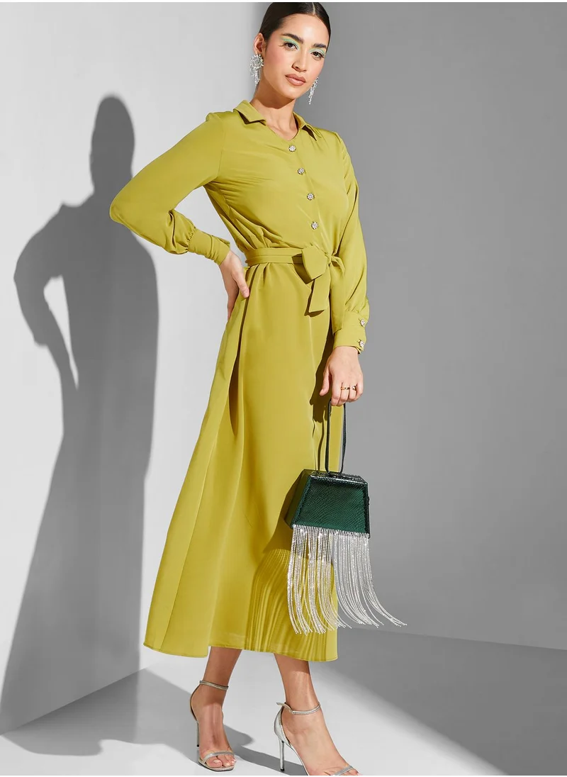 Namshi x Modanisa Button Detail Belted Dress