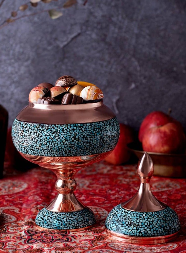 Aghajani Handcrafted Antique Turquoise and Copper Candy Dish Bowl with Lid, 28cm Vintage-Inspired Home Decor - Image 1