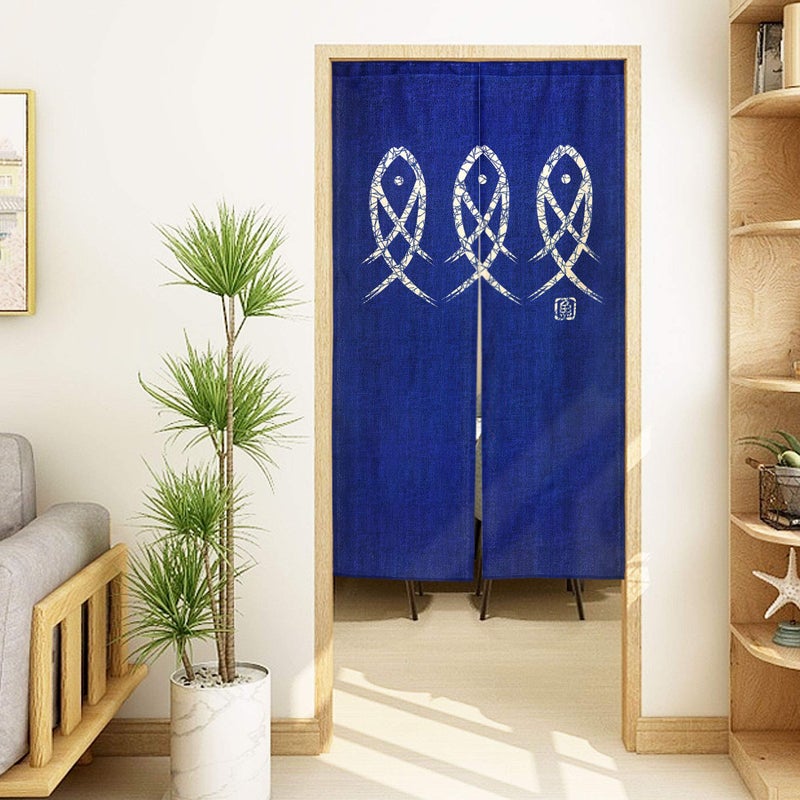 LIGICKY Japanese Noren Doorway Curtain Ancient Character Fish Tapestry for Home Decoration Blue 33x59inch - Image 1