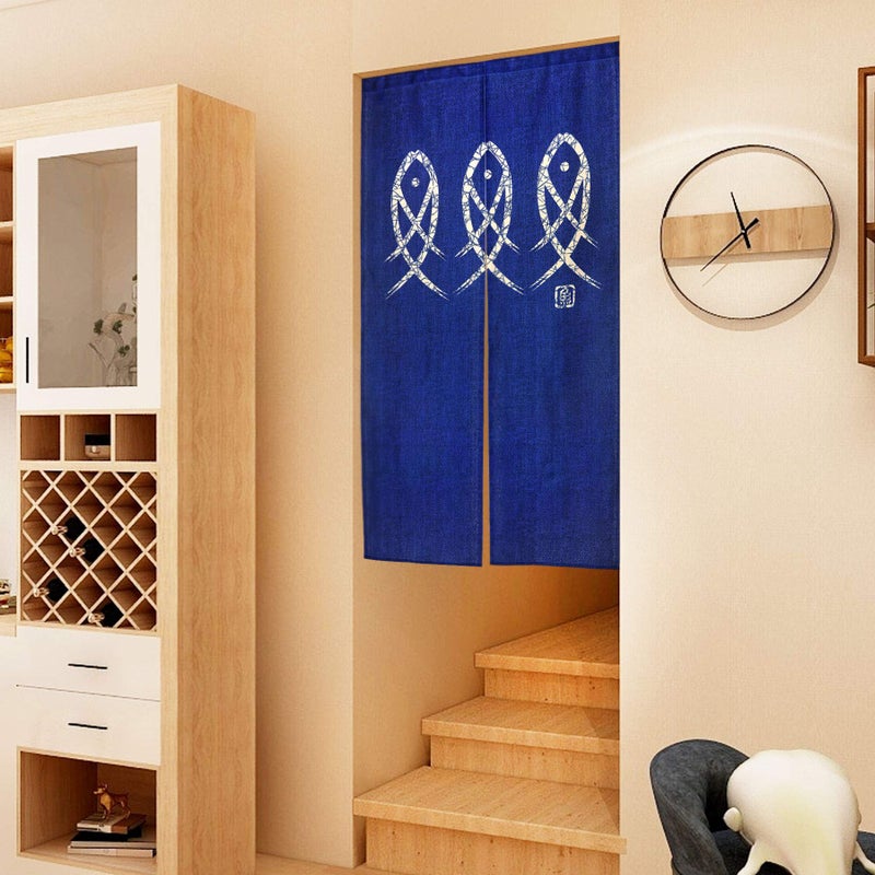 LIGICKY Japanese Noren Doorway Curtain Ancient Character Fish Tapestry for Home Decoration Blue 33x59inch - Image 2