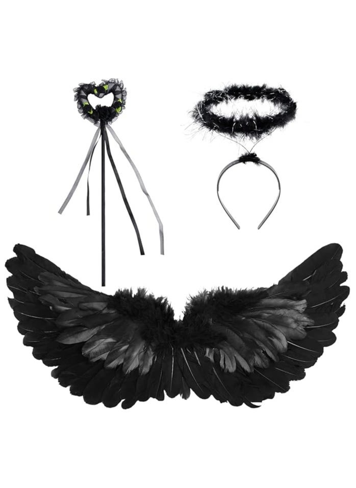 AUTOYSUR Black Wings and Halo Magic Wand Feather Wing Costume Party  for Kids Girls Boy  - Image 1