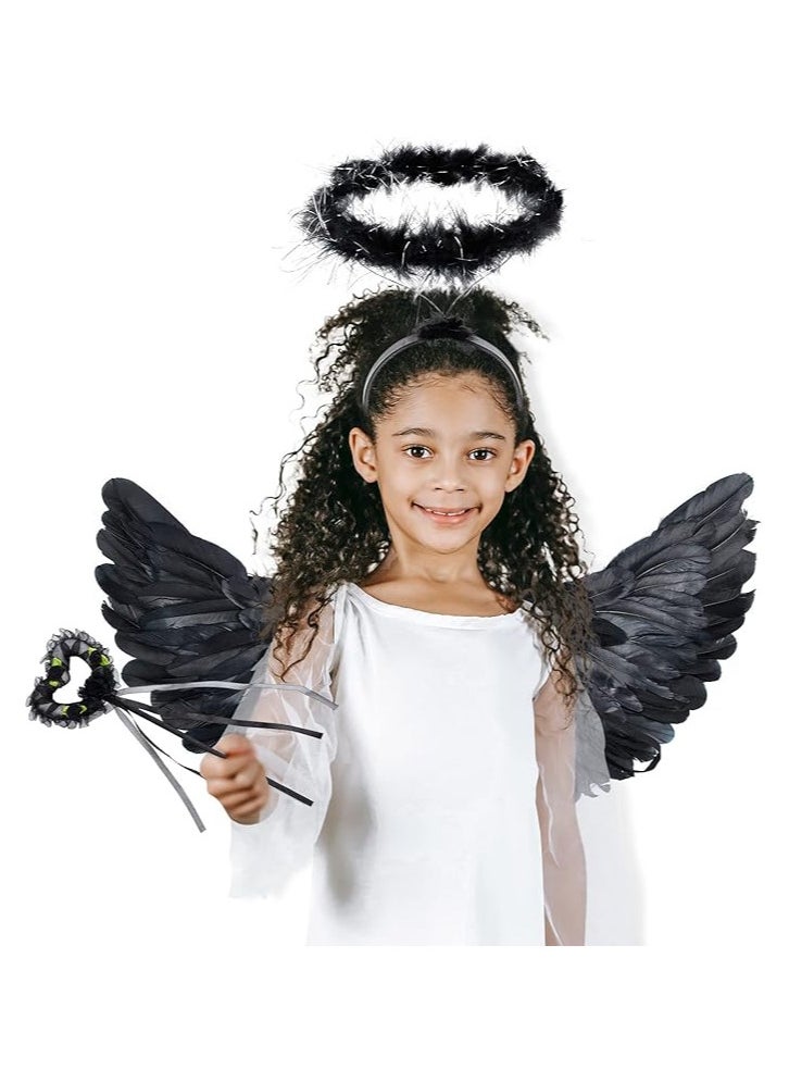 AUTOYSUR Black Wings and Halo Magic Wand Feather Wing Costume Party  for Kids Girls Boy  - Image 2