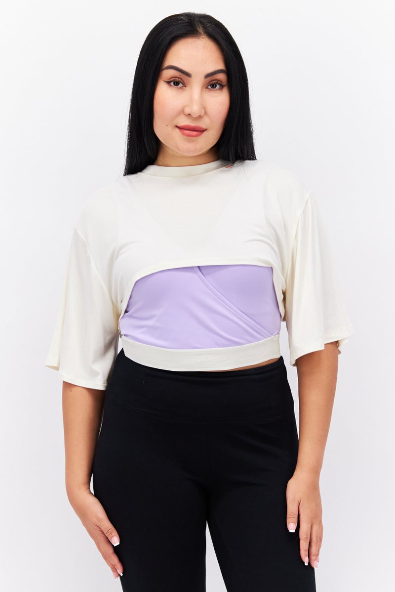 TRIBE OF 6 Women Round Neck Short Sleeves Layered Crop Top, Cream - Image 1
