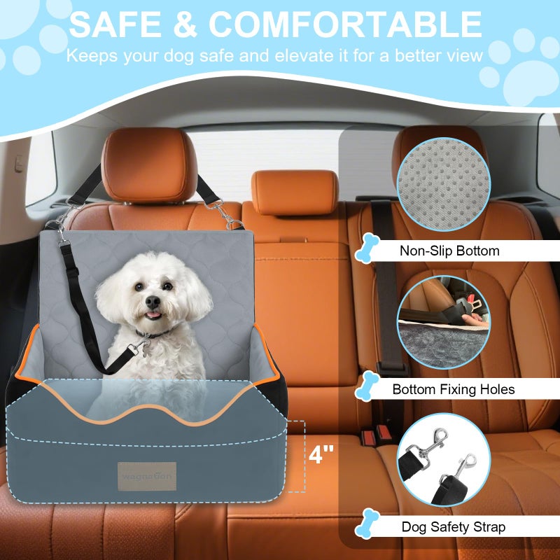 wagnation Dog Car Seat for Small/Medium Dogs Under 35lbs, Pet Booster Seat with 4In Memory Foam Cushion, Fully Detachable and Washable, Travel Dog Carseat with Storage Pocket and Safety Belt - Image 2
