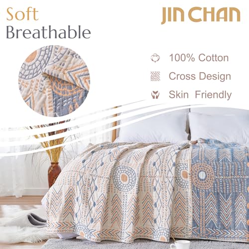 jinchan Boho 100 Cotton Muslin Twin Size 60x80 Throw Blanket Lightweight 4Layer Orange Reversible Blanket Washable Breathable Geometric Striped Pattern Soft Comfy for Couch Bed Decor All Seasons - Image 3