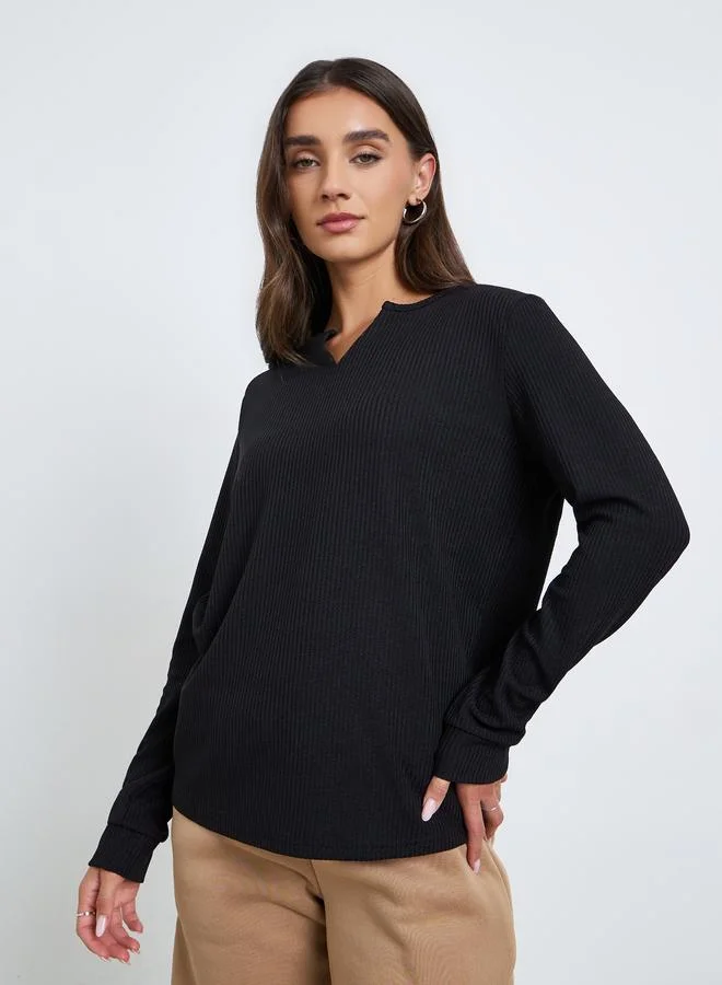 Styli Black Women Black Textured Knit Long Sleeve T-Shirt for Women | Best Price UAE