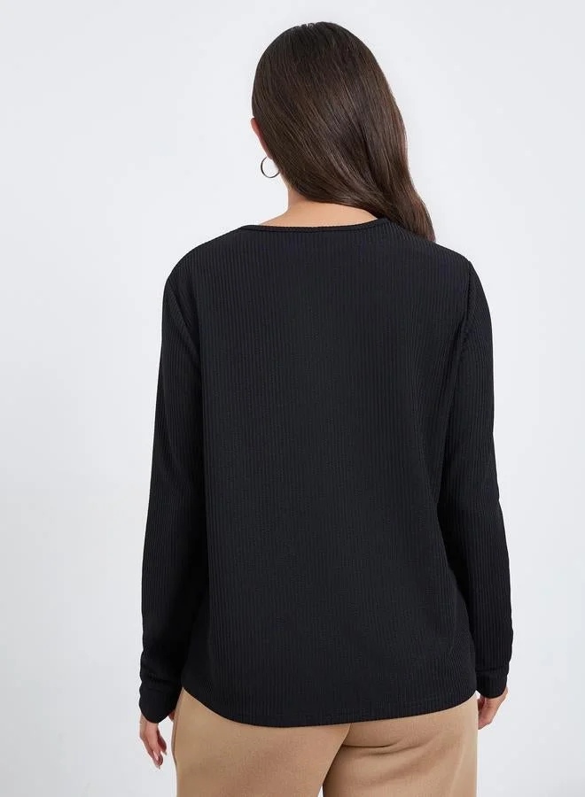 Styli Black Women Black Textured Knit Long Sleeve T-Shirt for Women | Best Price UAE