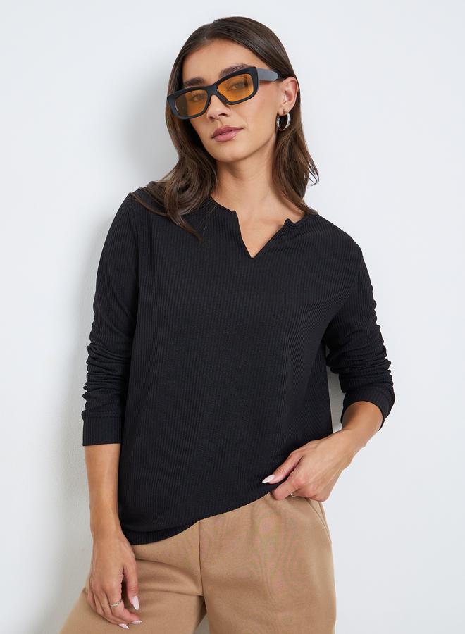 Styli Women Black Textured Knit Long Sleeve T-Shirt - Image 1
