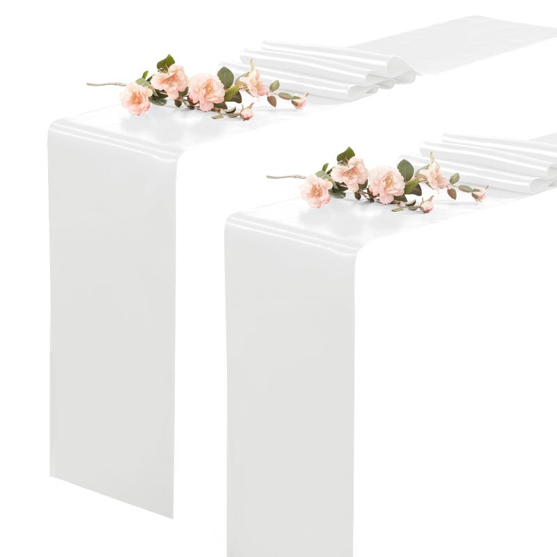 KKJIAF 2 Pack White Table Runners 12 x 108 Inch, Rectangular Smooth Satin Silk Table Runner for Wedding, Banquet, Birthday Party Decoration - Image 1
