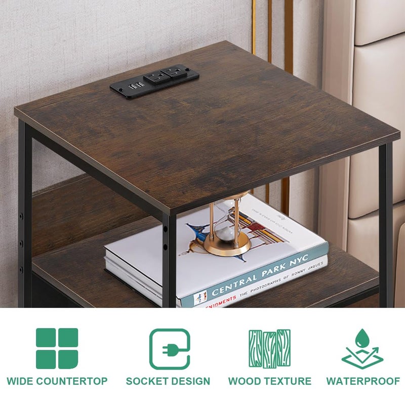 FURWOO Nightstand with Charging Station 3-Tier Storage, Bed Side Table for Bedroom,Living Room Rustic Brown - Image 4