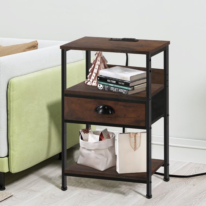 FURWOO Nightstand with Charging Station 3-Tier Storage, Bed Side Table for Bedroom,Living Room Rustic Brown - Image 3