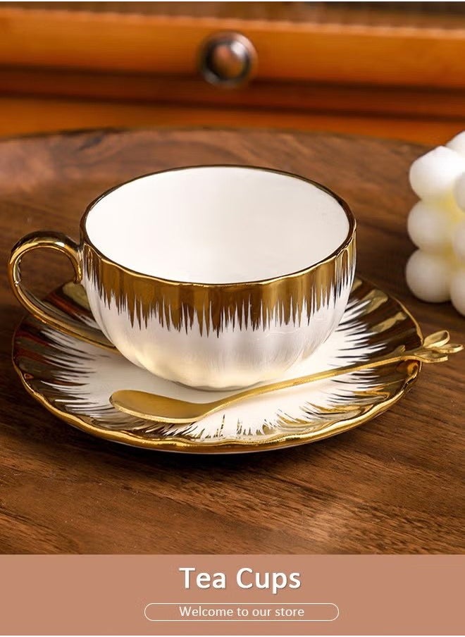 Beauenty Ceramic Tea Cups and Saucers Set, Porcelain Tea Set for Tea Party, Latte Cups and Espresso Mug for Coffee Drinks and Tea, Kitchen and Living Room Saucers Set, Ceramic Coffee Cup with Scoop for Office and Home  - Image 1