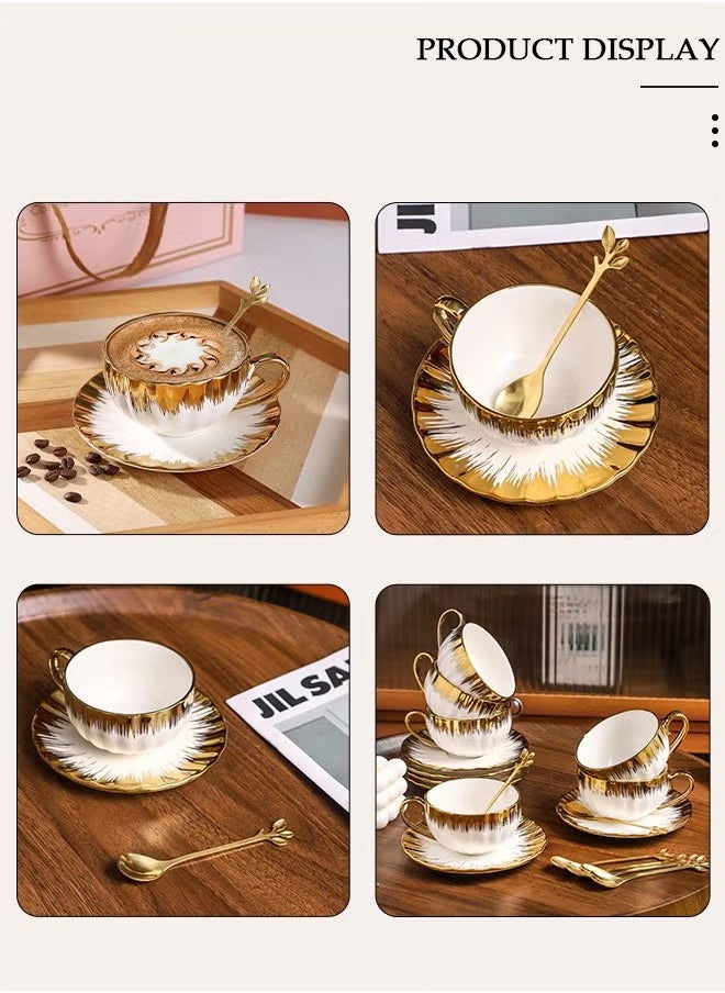Beauenty Ceramic Tea Cups and Saucers Set, Porcelain Tea Set for Tea Party, Latte Cups and Espresso Mug for Coffee Drinks and Tea, Kitchen and Living Room Saucers Set, Ceramic Coffee Cup with Scoop for Office and Home  - Image 5