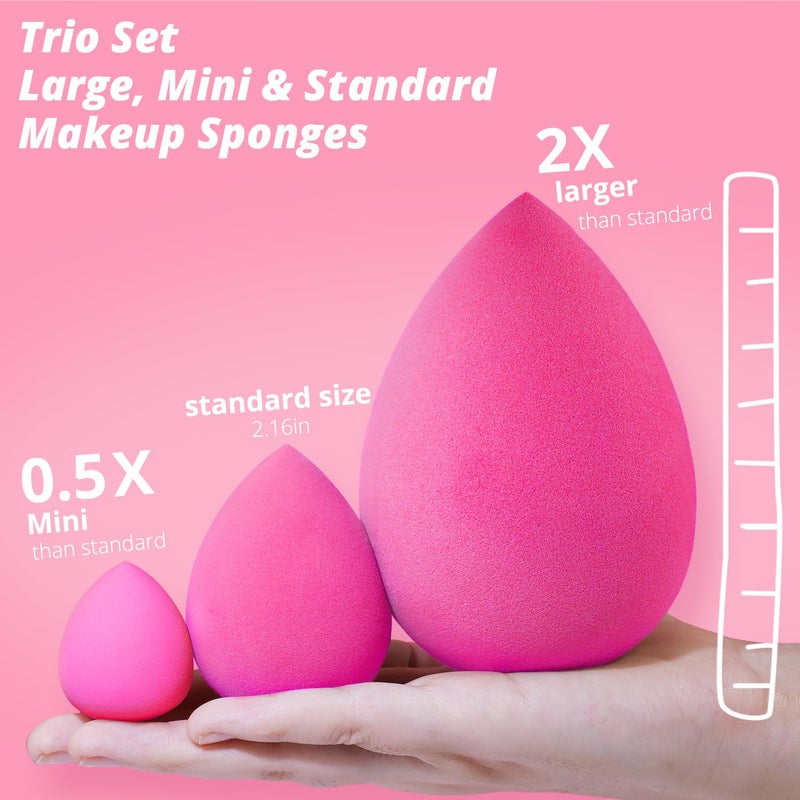 BEAKEY Large, Mini and Standard Makeup Sponges Trio Set with Soft and Bouncy Touch, Beauty Sponges Blender in Rose Pink for Powder, Cream and Liquid Blending - Image 2