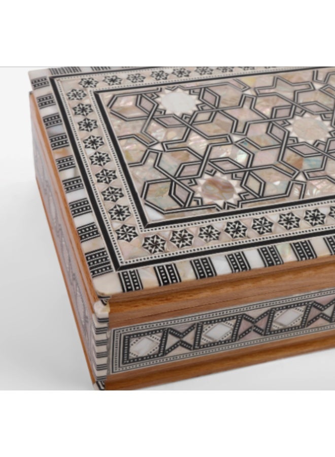 Handmade Large Wooden Jewelry & Keepsake Box Inlaid with Natural Shell & Mother of Pearl Geometric Arabesque, Brown & White - Size 37x24x10 cm - Image 3