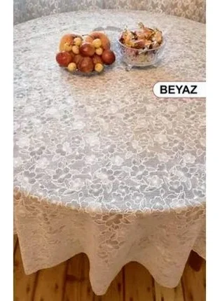 الستايل Round Lace Look PVC Oilcloth Kitchen Tablecloth Liquid Proof Wipeable / Size: 152 cm. White