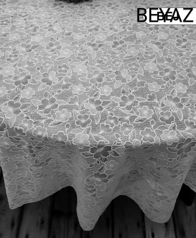 ستايل Round Lace Look PVC Oilcloth Kitchen Tablecloth Liquid Proof Wipeable / Size: 152 cm. White