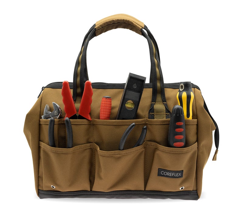 Coreflex 14 inch Wide-Mouth Tool Bag, Gear Bag, Multiple Purpose - for Plumbers, Electricians, Handymen also good for daily use, office use and camping. (Tan) - Image 1