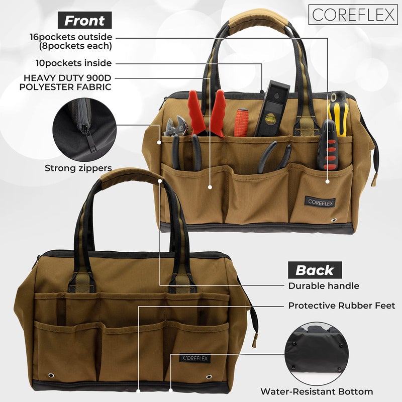 Coreflex 14 inch Wide-Mouth Tool Bag, Gear Bag, Multiple Purpose - for Plumbers, Electricians, Handymen also good for daily use, office use and camping. (Tan) - Image 2