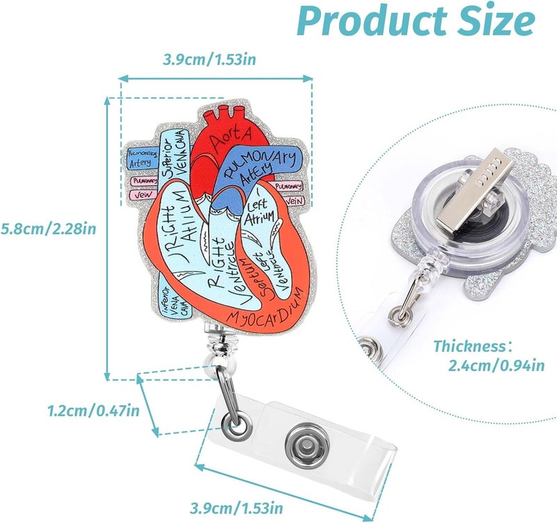 Dimeho Cardiac Badge Holder Heart Retractable Reel ID Card Clip Anatomy Funny Nurse Name Tag Holder Pediatrics Nursing Badge Alligator Clips for Doctor Student Teacher Medical Assistant - Image 2