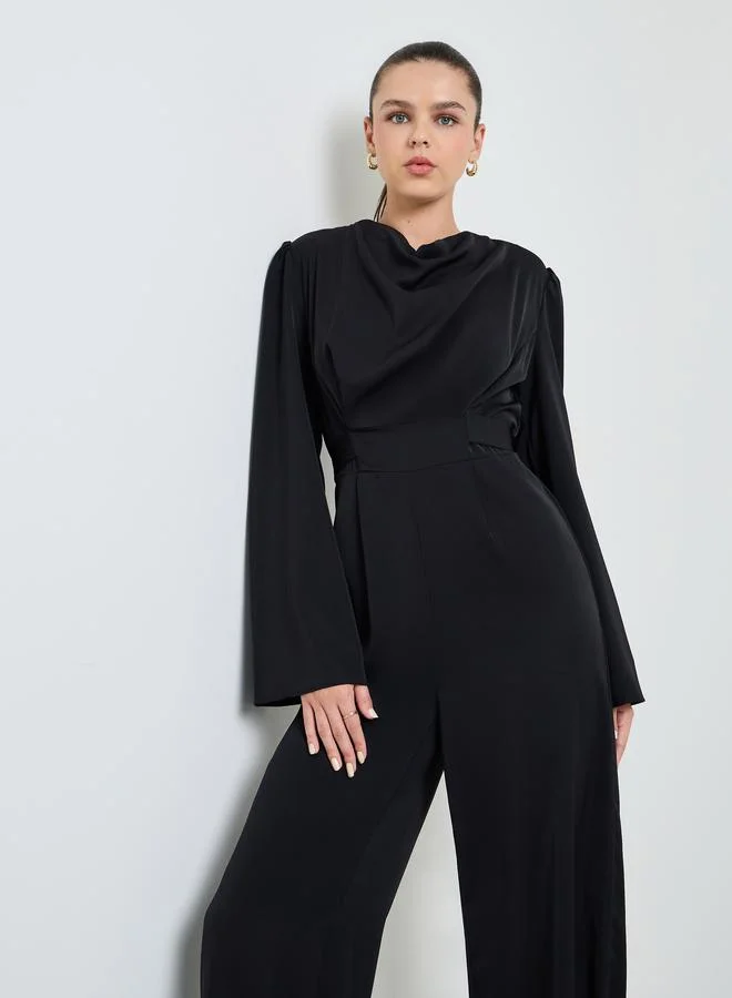 تايك تو Black Solid Tie-Up Detail Wide Leg Jumpsuit