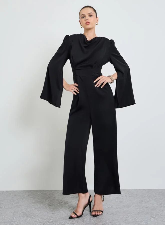 تايك تو Black Solid Tie-Up Detail Wide Leg Jumpsuit