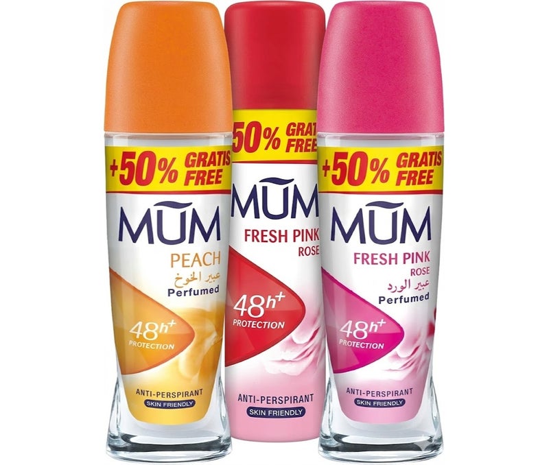 MUM Anti-Perspirant Deodorant Bundle (Pack of 3) – Peach & Fresh Pink Rose Variety Set with 2x Roll-Ons & 1x Body Spray, 48h+ Protection, Skin Friendly Fragrance Value Pack (+50% Free)