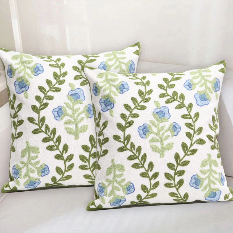 Pilmandu Set of 2 Embroidered Decorative Throw Pillow Covers Couch Square Pillowcases Cushion for Bedroom Sofa Farmhouse Decor 18x18 Inch (Blue Floral) - Image 3