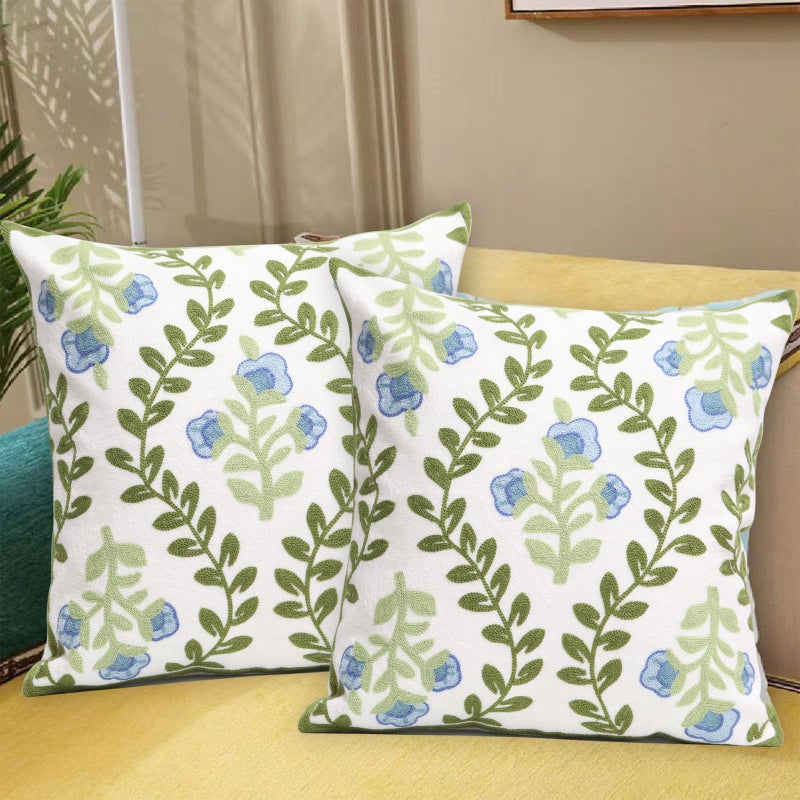 Pilmandu Set of 2 Embroidered Decorative Throw Pillow Covers Couch Square Pillowcases Cushion for Bedroom Sofa Farmhouse Decor 18x18 Inch (Blue Floral) - Image 2