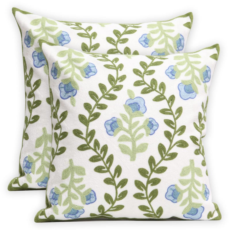 Pilmandu Set of 2 Embroidered Decorative Throw Pillow Covers Couch Square Pillowcases Cushion for Bedroom Sofa Farmhouse Decor 18x18 Inch (Blue Floral) - Image 1