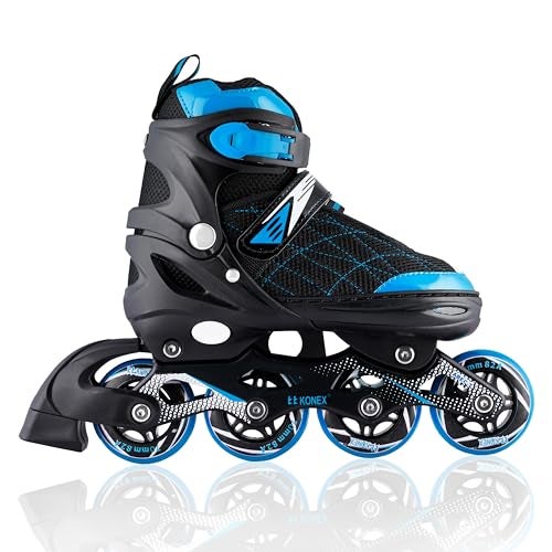 Konex 4 Wheel Inline Skates for Kids | Adjustable PU Wheels, Durable Aluminium Frame & Anti-Shock Support | Comfortable Indoor & Outdoor Skating Shoes (Size M 32-34) Blue - Image 1