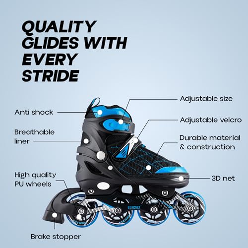 Konex 4 Wheel Inline Skates for Kids | Adjustable PU Wheels, Durable Aluminium Frame & Anti-Shock Support | Comfortable Indoor & Outdoor Skating Shoes (Size M 32-34) Blue - Image 3