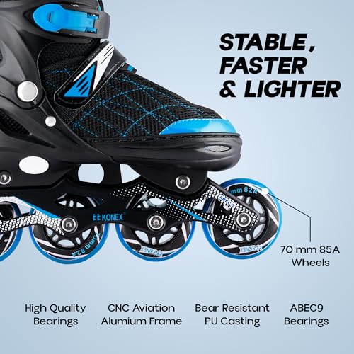 Konex 4 Wheel Inline Skates for Kids | Adjustable PU Wheels, Durable Aluminium Frame & Anti-Shock Support | Comfortable Indoor & Outdoor Skating Shoes (Size M 32-34) Blue - Image 4