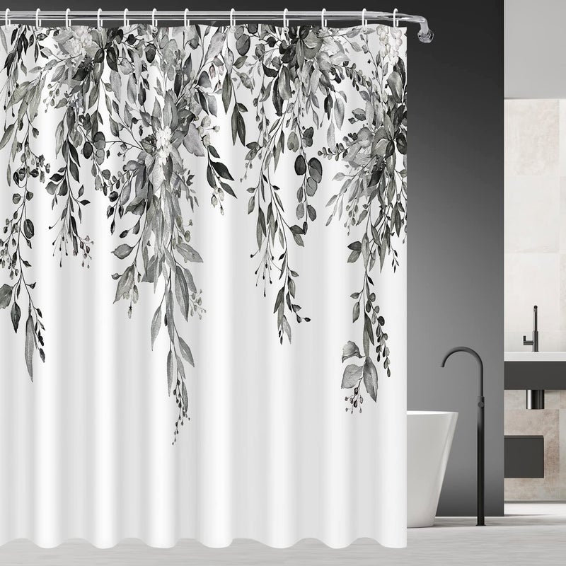 Nuseiis Black and White Eucalyptus Leaves Shower Curtain 72 x 72  Fabric Gray Shower Curtain Sets  Floral Plant Bathroom Curtain Decor with Hooks
