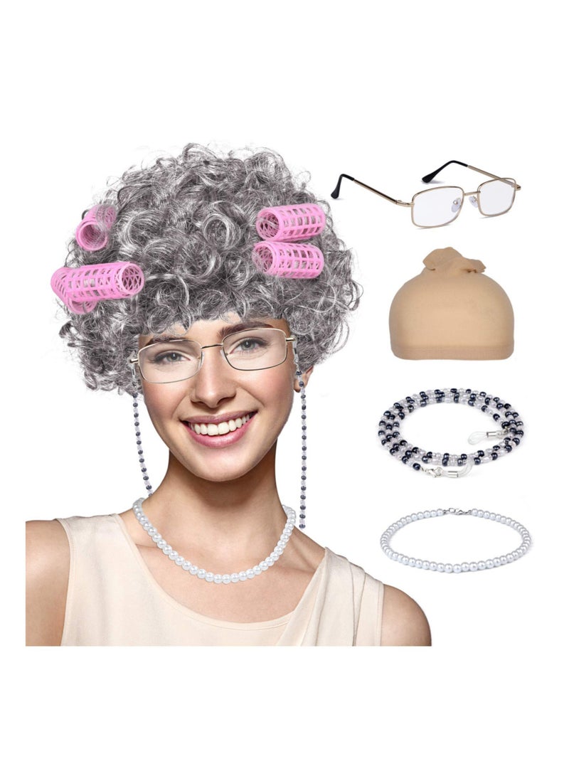Excefore Old Lady Wig Costume for Women, 100 Days of School Costume for Kids Girls, Grandma Granny Costume Wig for Cosplay - Image 1