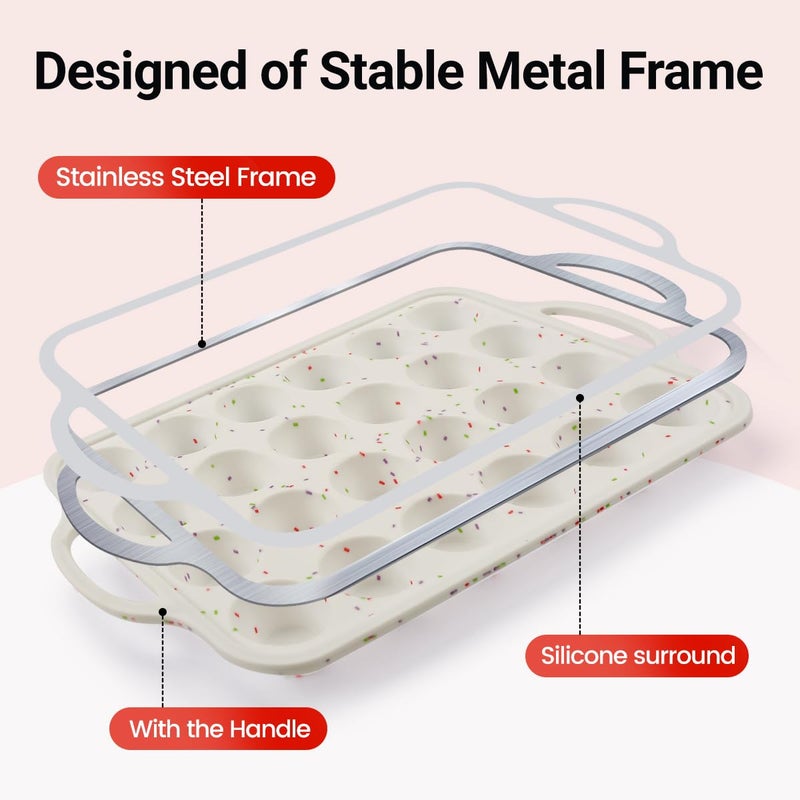 CAKETIME Mini Cupcake Pans, Metal Reinforced Frame Silicone Mini Muffin Pan Nonstick 24 Cups Easy to Handle for Baking Muffins, Cupcakes, Egg Bites 1 Pack - Image 2
