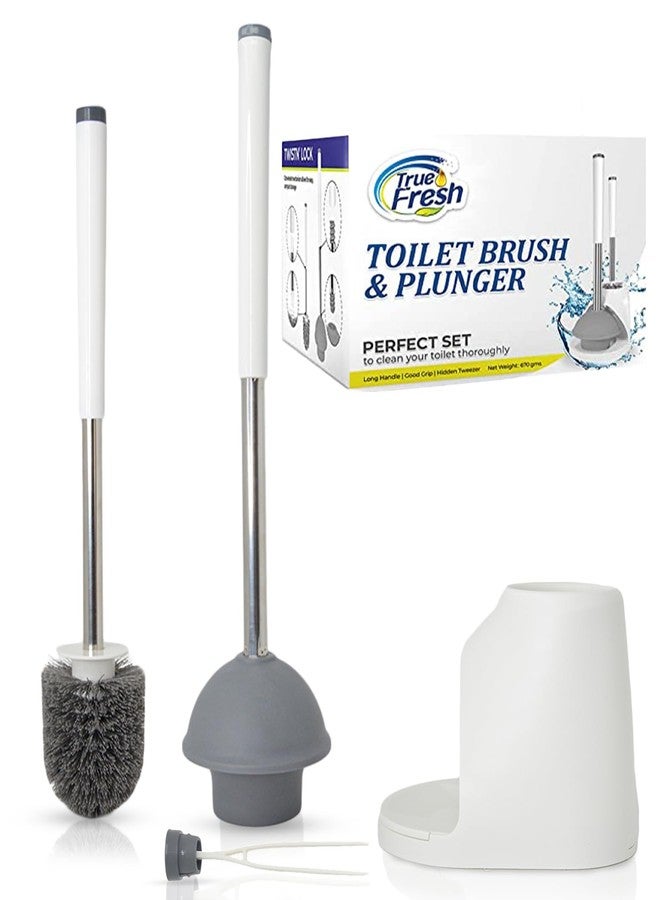 True Fresh Toilet Brush and Plunger Set with Holder Caddy -Stainless Steel Brush and Toilet Plunger for Heavy Duty -2-in-1 Scrubber Combo with Hidden Tweezer & Extendable Plastic Handle - Image 1