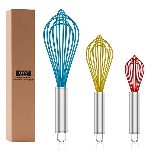 OYV WhiskSturdy Stainless Steel Wires Coated in Professional Silicone3 Pack Whisks for CookingMini WhiskColored Balloon Egg Beater for BlendingWhiskingBeatingStirringCookingBaking Multi
