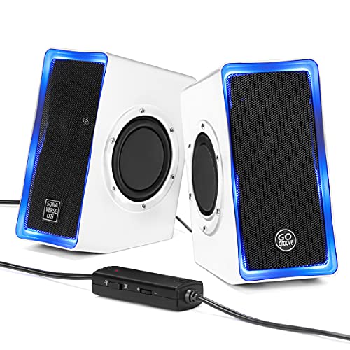 GOgroove Gaming Computer Speakers with Blue LED Light - SonaVERSE O2i Speakers for Desktop, Laptop, PC - USB Speaker 2.0 with AUX Input, in-Line Volume Control, Bass Stereo Sound, 14W (White) - Image 1