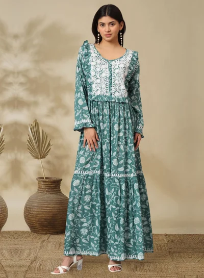 Alaya Hand Embroidered Chikankari A-Line Gathering Pattern Mulmul Cotton Jalabiya-AL3941