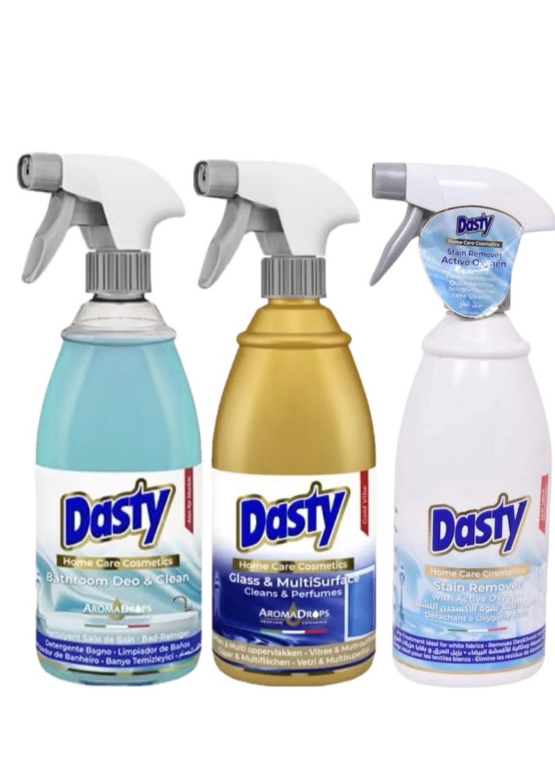 Active Oxygen Stain Remover + Bathroom Cleaner & Disinfectant + Glass & Multi-Surface Cleaner – a complete home cleaning solution. Powerful formulas that remove stains, disinfect, and clean glass and all surfaces with a long-lasting fresh fragrance. 700 ml each (3 bottles)