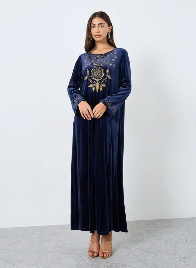 Amirah Velvet Look Embroidered Panel Jalabiya