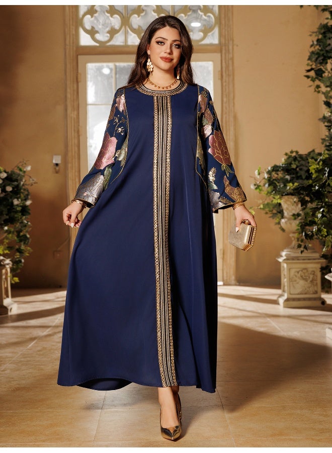 Madam Uniq Elegant Dark Blue Embroidered Maxi Dress, Long Sleeves & Loose Fit, Formal/Cultural Outfit - Image 2
