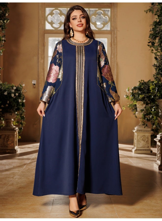 Madam Uniq Elegant Dark Blue Embroidered Maxi Dress, Long Sleeves & Loose Fit, Formal/Cultural Outfit - Image 1