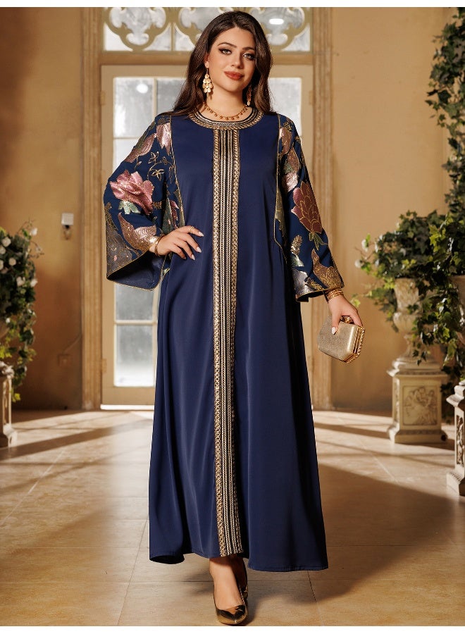 Madam Uniq Elegant Dark Blue Embroidered Maxi Dress, Long Sleeves & Loose Fit, Formal/Cultural Outfit - Image 3